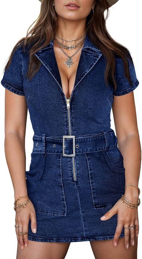 Wenrine Womens Summer Denim Dresses Bodycon Zipper Front Belted Sexy Mini Casual Dress with Pocke... | Amazon (US)