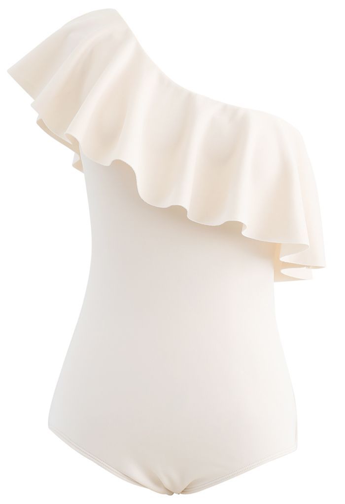 Oblique Shoulder Ruffle Trim One-Piece Swimsuit | Chicwish