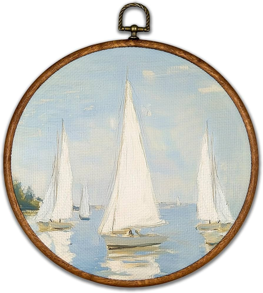 BCUANGD Vintage Sailboat Round Wall Art Decor - Retro Coastal Landscape Wall Art Canvas Frame Art... | Amazon (US)