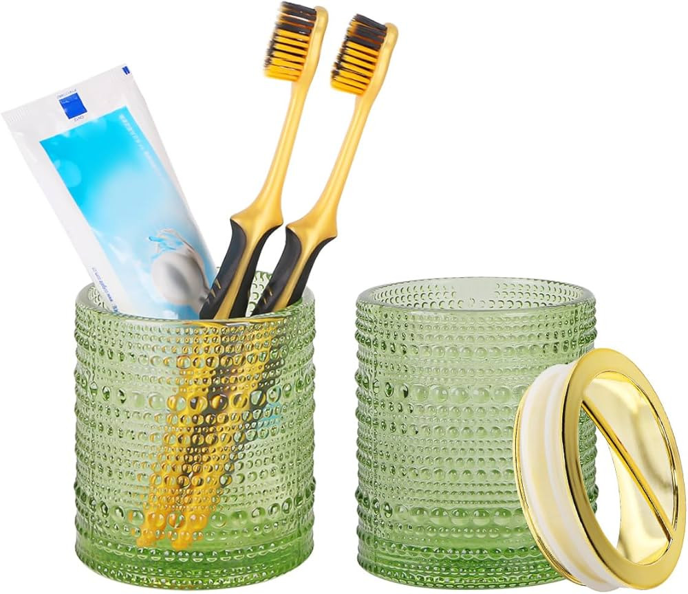 Green Toothbrush Holders,2pcs Glass Toothbrush Holder Set,Clear 10oz Bathroom Tumbler,Gold Toothb... | Amazon (US)