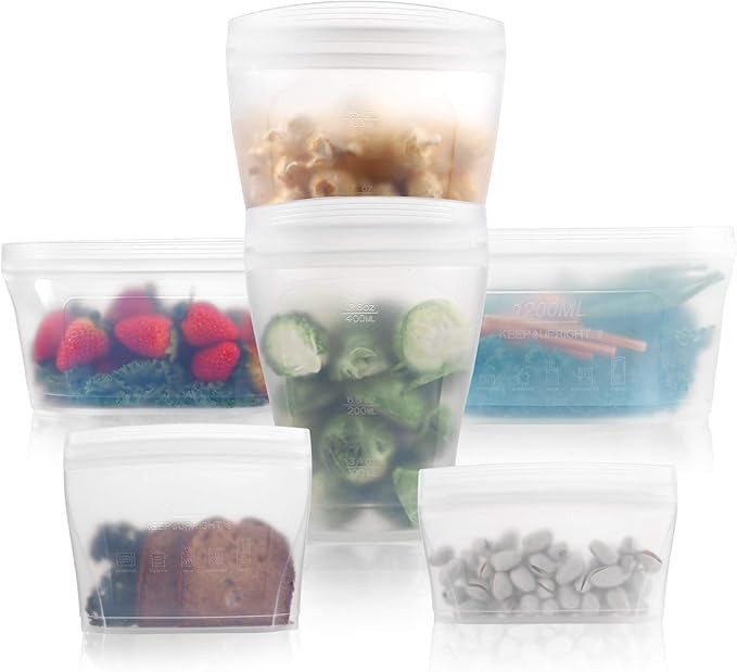 Reusable food container silicone bag, Full Set 6, 2 Cups, 2 Dishes, 2 Bags Zip Containers Storage... | Amazon (US)