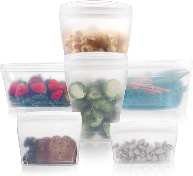 Reusable food container silicone bag, Full Set 6, 2 Cups, 2 Dishes, 2 Bags Zip Containers Storage... | Amazon (US)