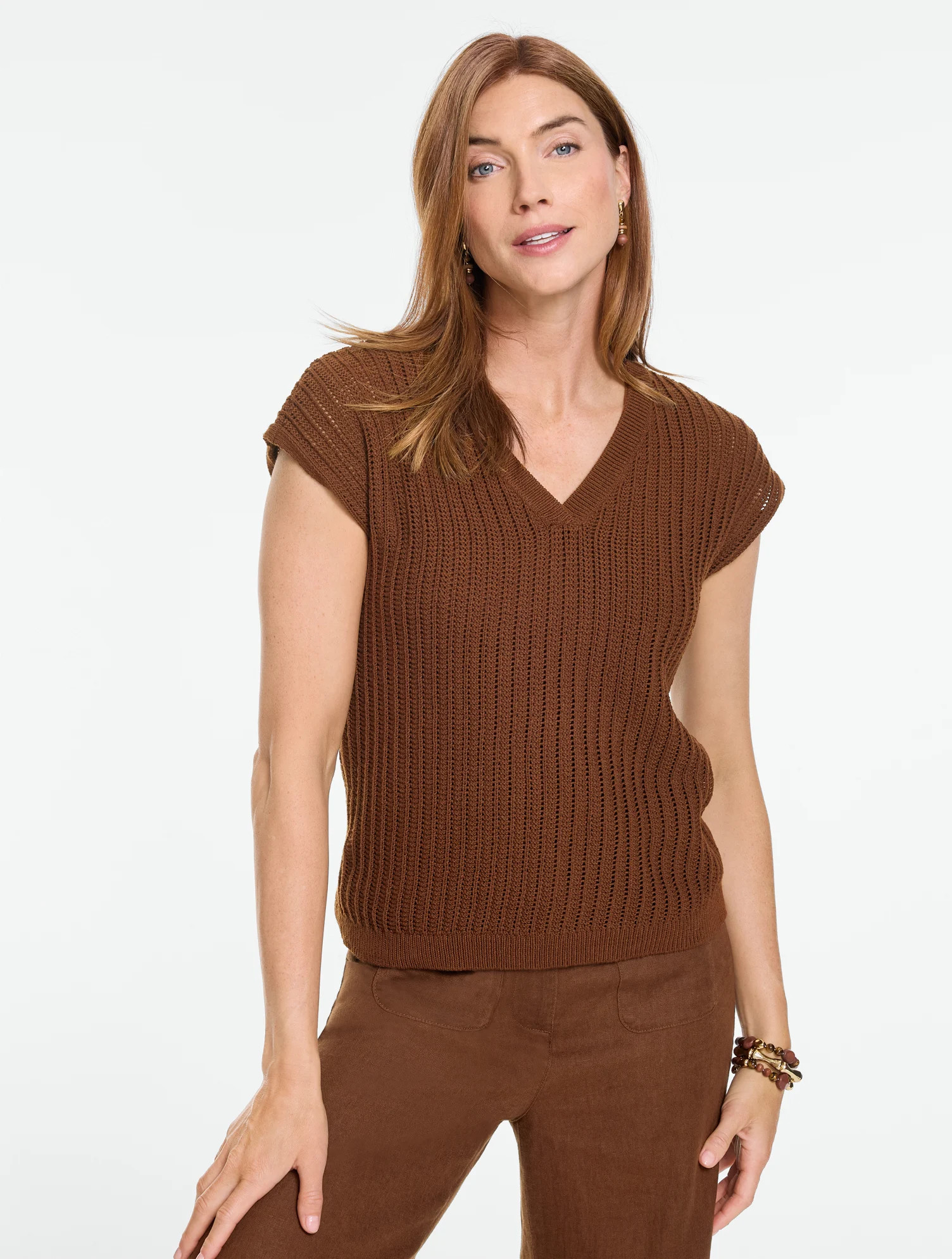 Plus Petite - Open Stitch V-Neck Pullover Sweater - Dark Walnut - X Talbots | Talbots