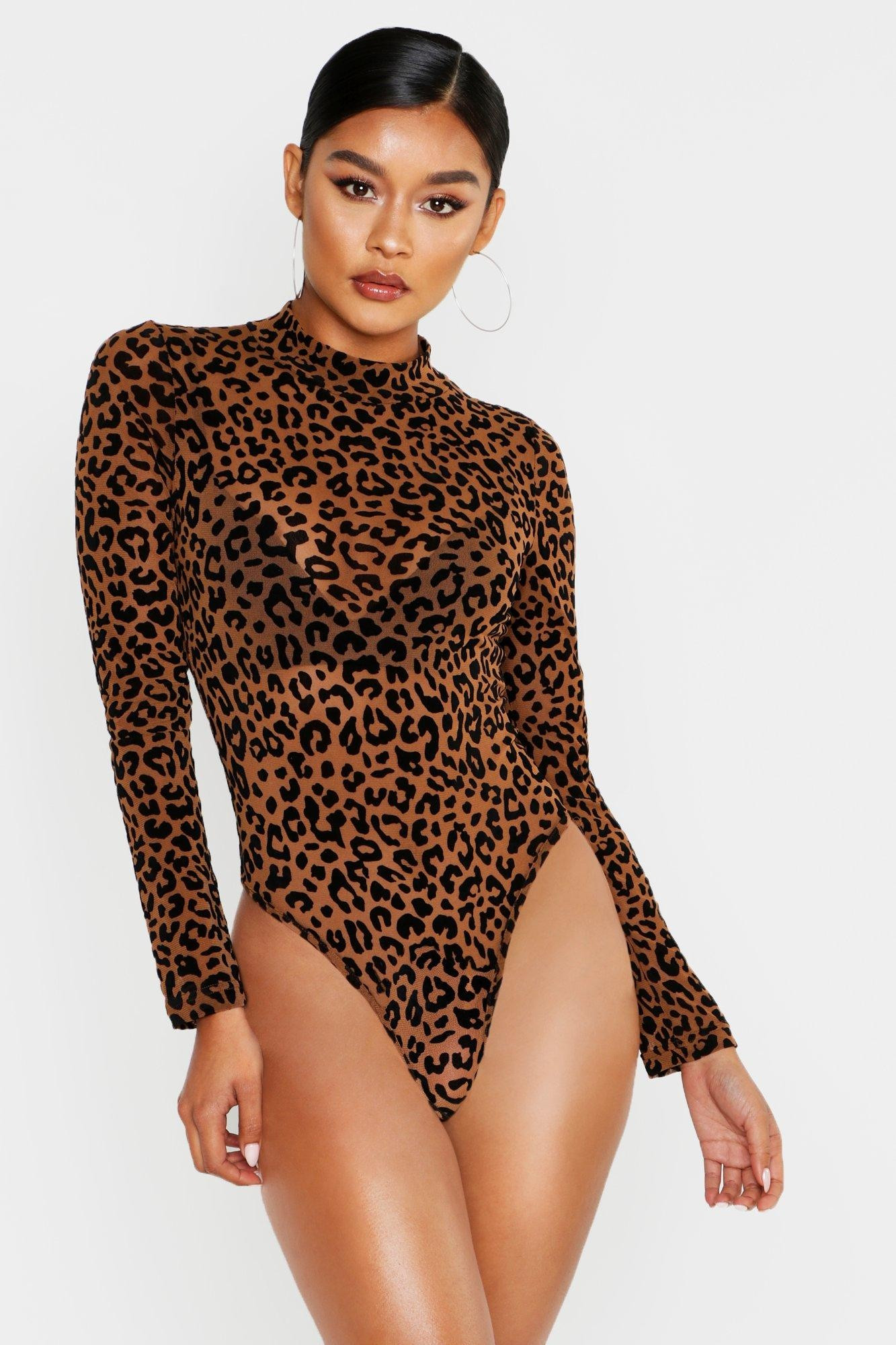 Womens Leopard Mesh Turtle Neck One Piece - Beige - S | Boohoo.com (US & CA)