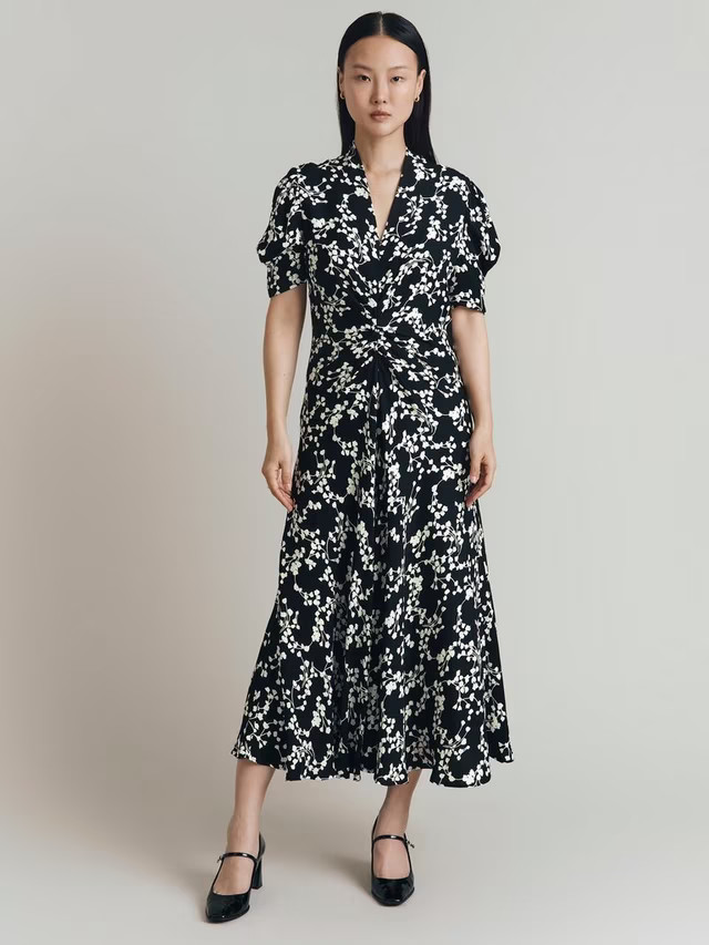 GhostCapri Print Satin Midi Dress, Black/White | John Lewis (UK)