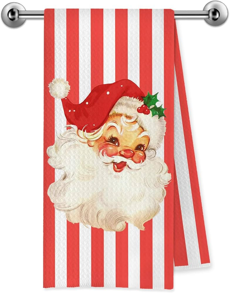 Red Santa Claus Christmas Kitchen Towels, Christmas Santa Decor, Vintage Xmas Holiday Red and Whi... | Amazon (US)