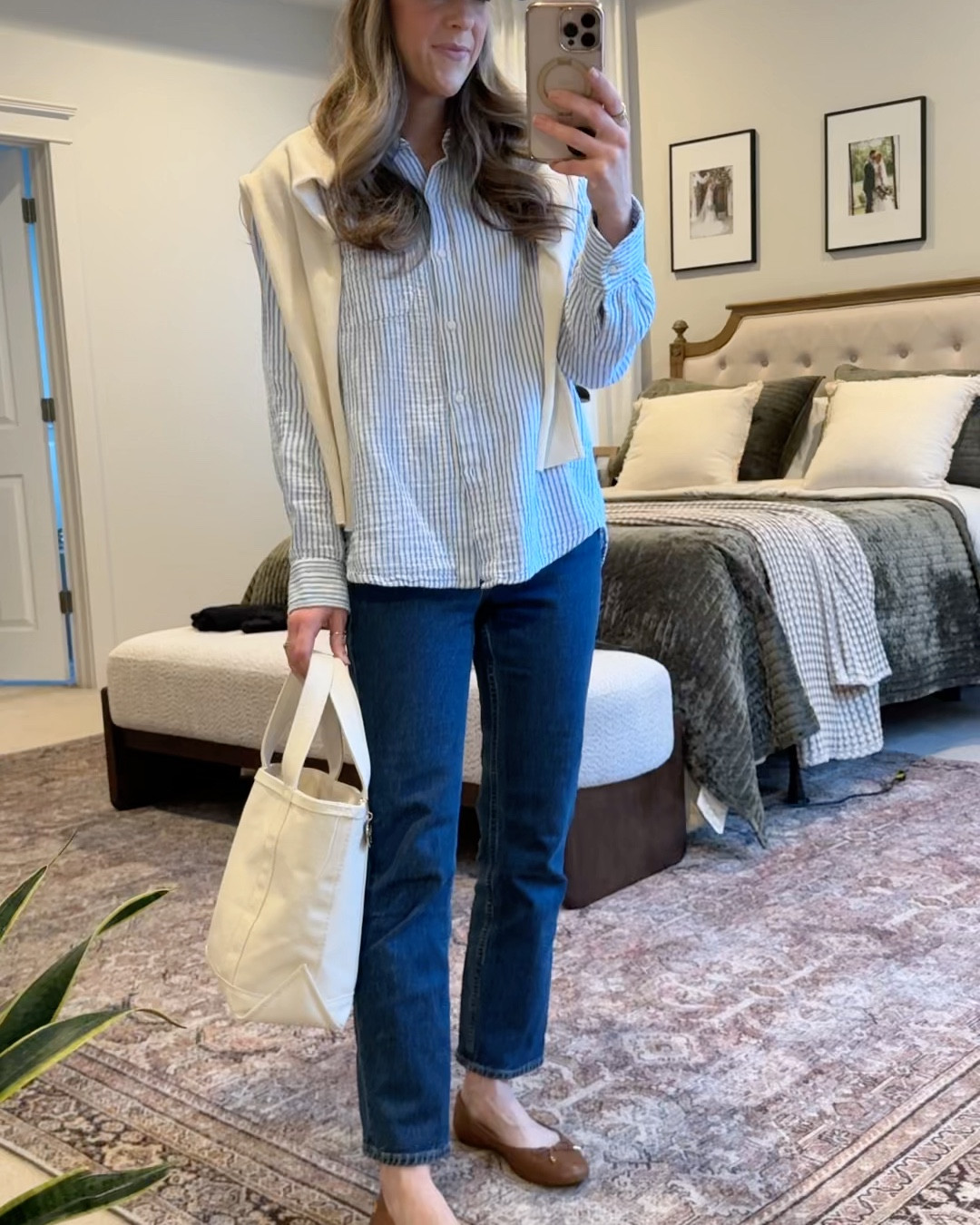 Classic preppy mom outfit 🤍

If you love timeless layering and elevated basics, this is such a good everyday formula.

Wearing:
• Quince striped button down (size S)
• Quince Mongolian cashmere sweater (size S – only $50!)
• Abercrombie high rise ankle straight jeans (26R – size up one)
• Ralph Lauren flats
• L.L. Bean small boat tote

Use Quince promo code INFG-25SIMPLYCHICMA for 10% off

A striped button down layered under cashmere instantly makes denim feel polished. The dark wash straight leg jeans keep it modern without going trendy.

Perfect for:
• Classic mom outfit ideas
• Preppy casual outfits
• Dark wash jeans outfit
• Capsule wardrobe layering
• Business casual denim
• Everyday polished style

This is one of those outfits that works for school drop off, errands, casual meetings, or travel days.



#LTKootd #LTKSeasonal #LTKmomlife