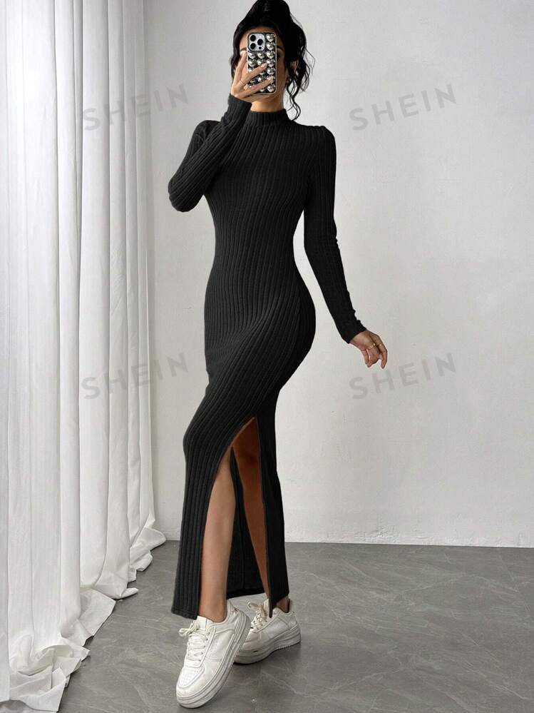 Siren Gaze Women Long Side Slit High Neck Long Sleeve Dress,Beige Women Dresses | SHEIN