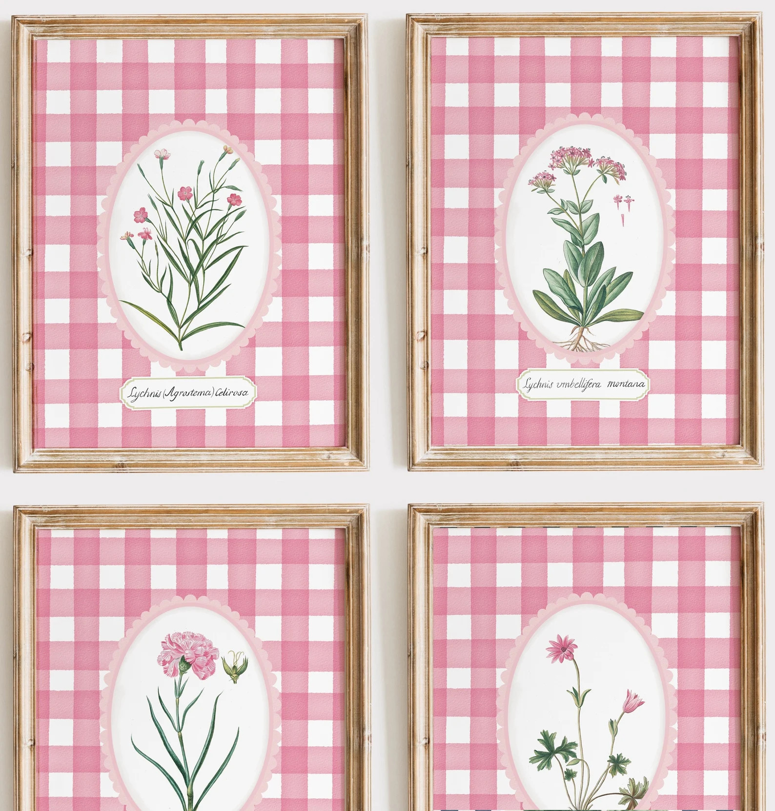 Pink Gingham Floral Botanical Prints, Cottagecore Coquette Decor (Digital Download) | Etsy (Global)