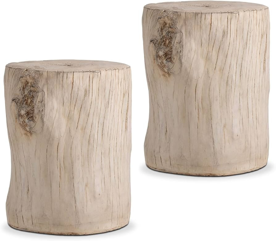 COSIEST 2 Pieces Outdoor Antique Beige Side Table Faux Wood, Hand-Painted Wood Stump Stool, Ottom... | Amazon (US)