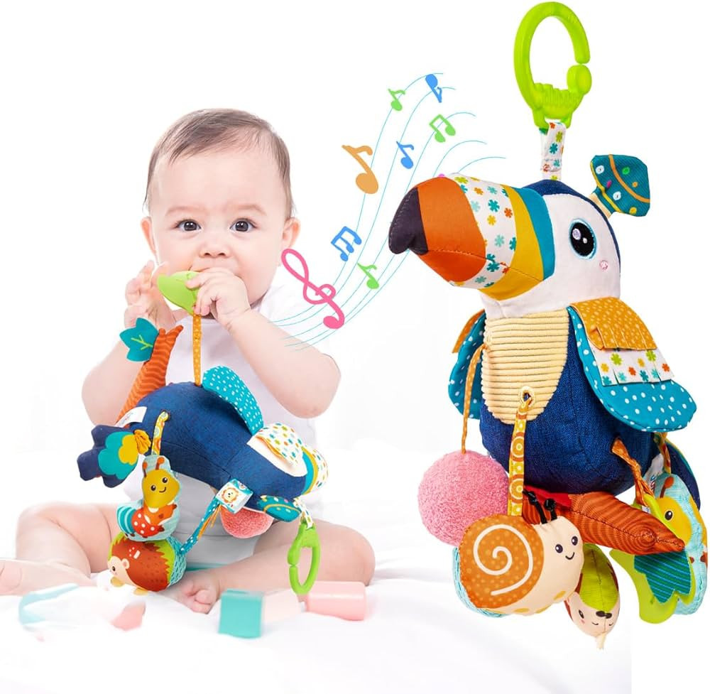 Jollybaby Musical Activity Pull String Hanging Toy for Baby Stroller Car Seat Crib Play Gym, Plush Stuffed Toucan Sensory Toys for Carseat with Music Teether Rattles, Baby Boys and Girls Gift | Amazon (US)