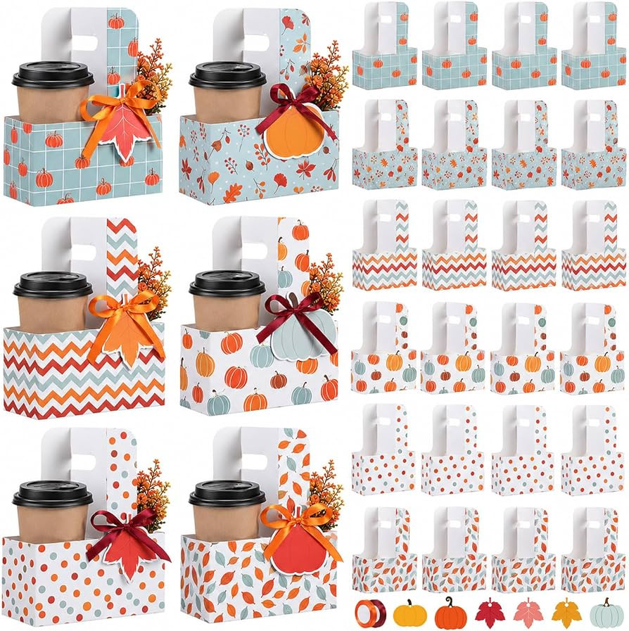 24 Pack Fall 2 Cup Drink Carrier with Cards Ribbon Thanksgiving Gift Set | Amazon (US)