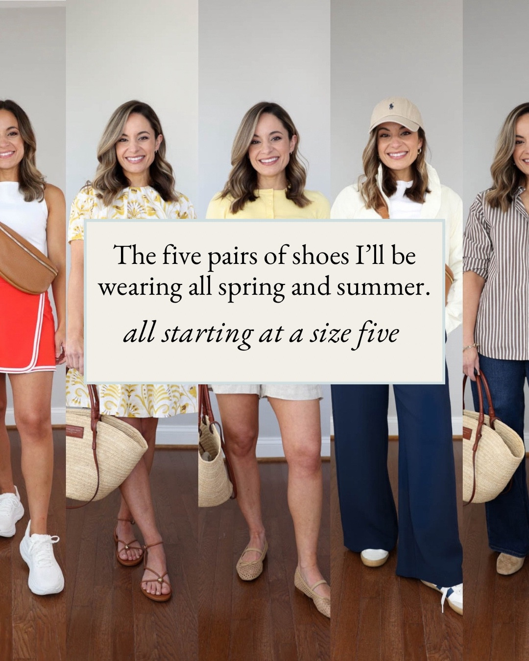 The five pairs of shoes I’ll be wearing all spring and summer! 

Sandals (Dolce Vita): true to size, but are tight across the toes at first and need a break in period 
Dress (BR Factory): xxs 

Mesh flats (J.Crew Factory): true to size, comfortable and walkable out of the box 
Cardigan (J.Crew): xxs
Shorts (J.Crew): xxs 

Suede flats (Madewell): true to size, break in period around the ankle, otherwise comfortable and walkable 
Jeans (Quince): 24 x 28” midnight blue 
Top (sold out)

Gola sneakers: true to size, comfortable and walkable
Pants (Aritzia): xxs short 
Jacket (Quince): xs 
Top (Quince): xs

Bondi sneakers: true to size - my go to for tons of walking
Skort (Athleta): xs
Top (Quince): xs 

For reference,I wear a size 5 

My measurements for reference: I’m 4’10” and 105lbs. My bust, waist, and hip measurement is 32”, 24”, and 36”.

#LTKPetite