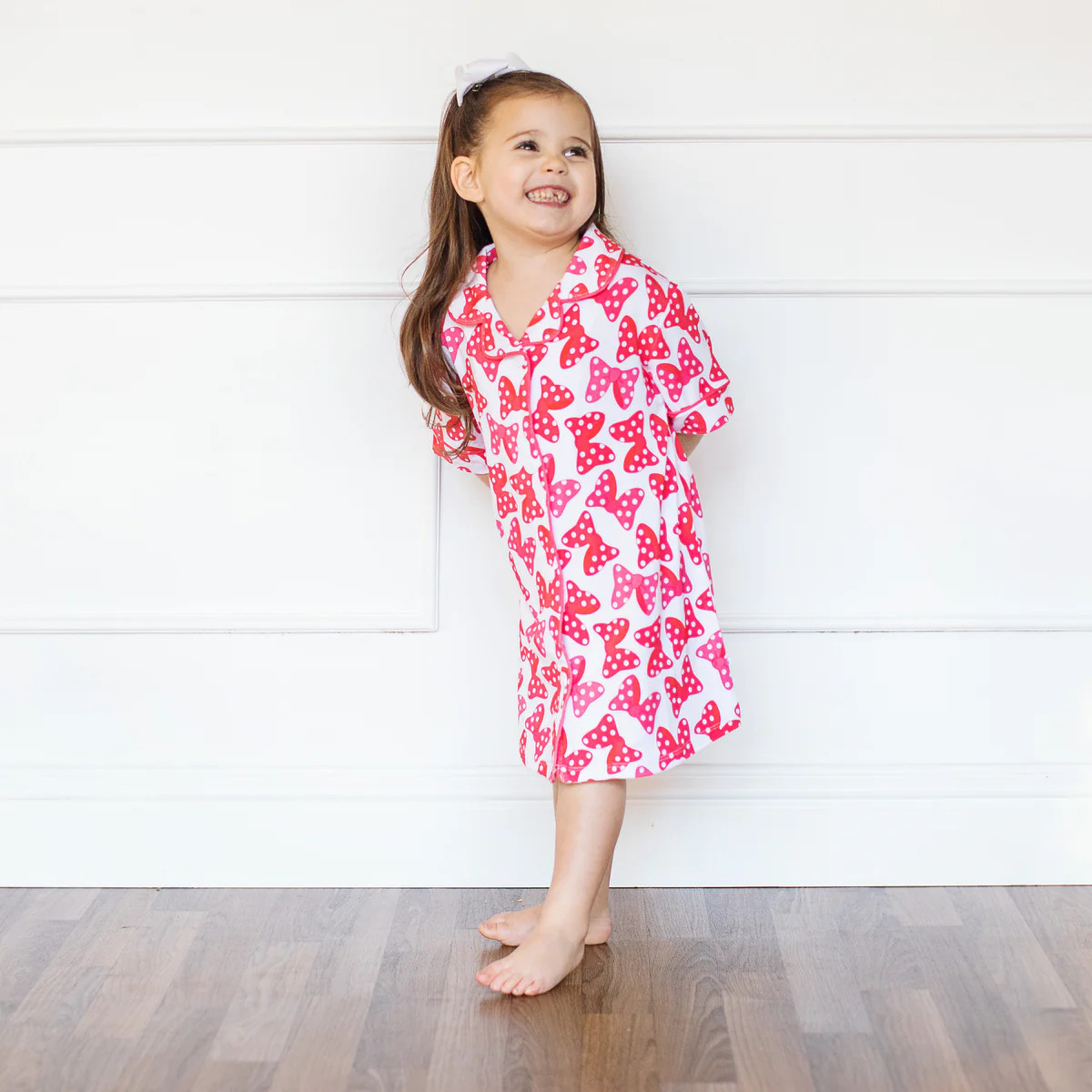 Red Bow Girls Button Down Gown | Little Pajama Co.