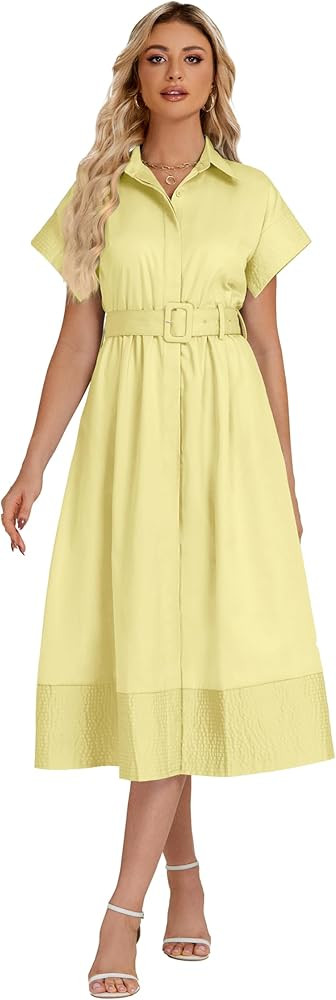 Ladyful Women Casual Button Down Shirt Dress Short Wing Sleeve Buiness Midi Shirt Dress with Belt... | Amazon (US)