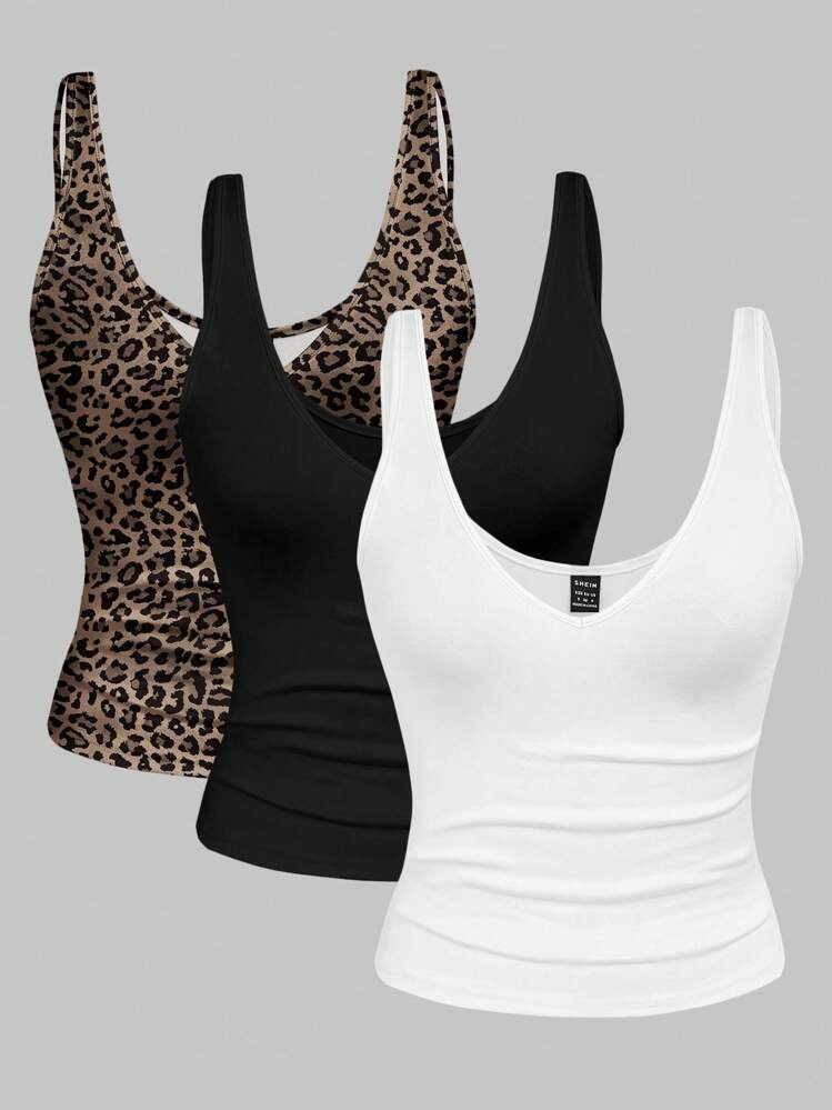 Rina Fox 2pcs/Set Women's V-Neck Cropped Leopard Print & Solid Color Tank Top, Summer | SHEIN