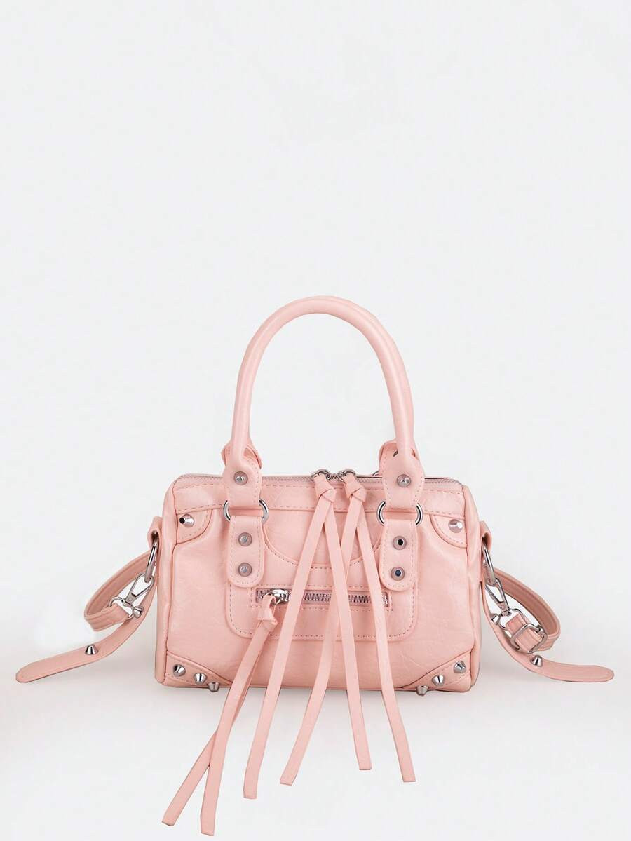 1pc Pink Patchwork Rivet Studded Metal Tassel Zipper Decor Retro PU Material Strap Decor Rivet St... | SHEIN