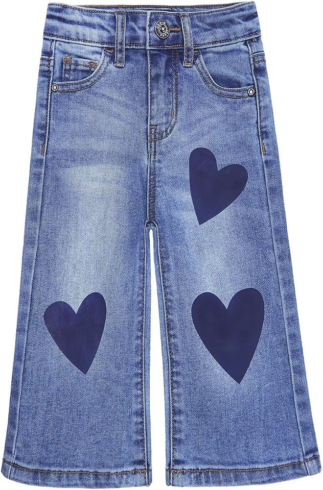 KIDSCOOL SPACE Baby Girsl Wide-Leg Jeans,Heart-shapped Leather Decoration Denim Pants | Amazon (US)