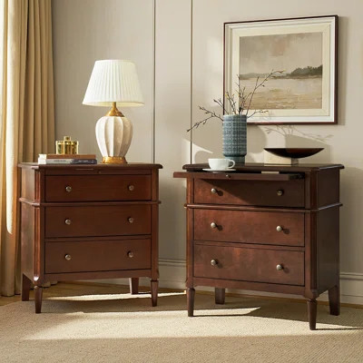 Vandyke Traditional 28"W 3-Drawer Nightstand with Pull-out Tray and Hidden Drawer and Solid Wood Legs Set Of 2 | Wayfair North America