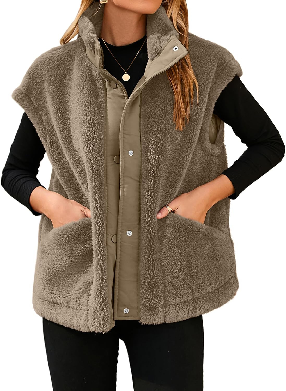 Glamaker Womens Fuzzy Fleece Vest Casual Loose Sherpa Vest Faux Fur Button Down Sleeveless Jacket Coat Outerwear | Amazon (US)