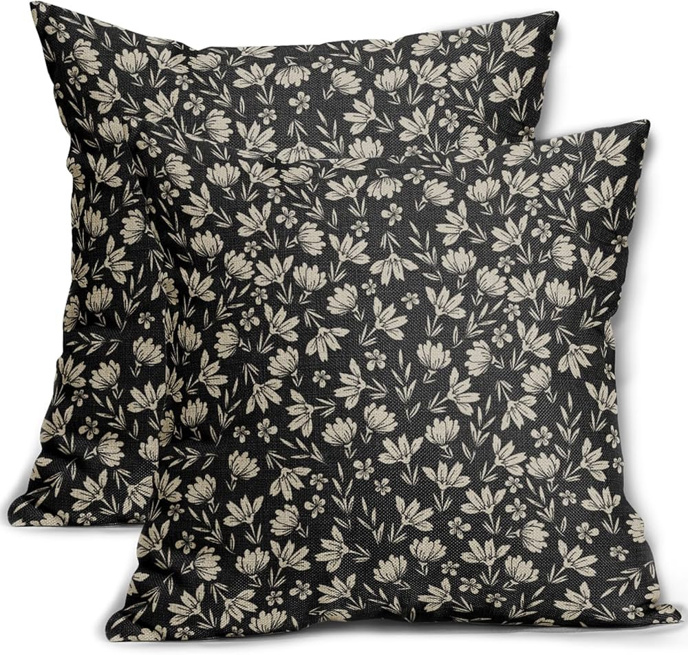 Vintage Flower Pillow Covers 20x20 Set of 2 Black Brown Floral Block Print Rustic Decorative Thro... | Amazon (US)