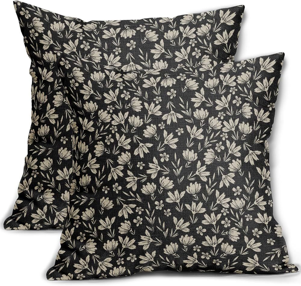 Vintage Flower Pillow Covers 18x18 Set of 2 Rustic Old Style Cute Small Floral Black Cream Decora... | Amazon (US)