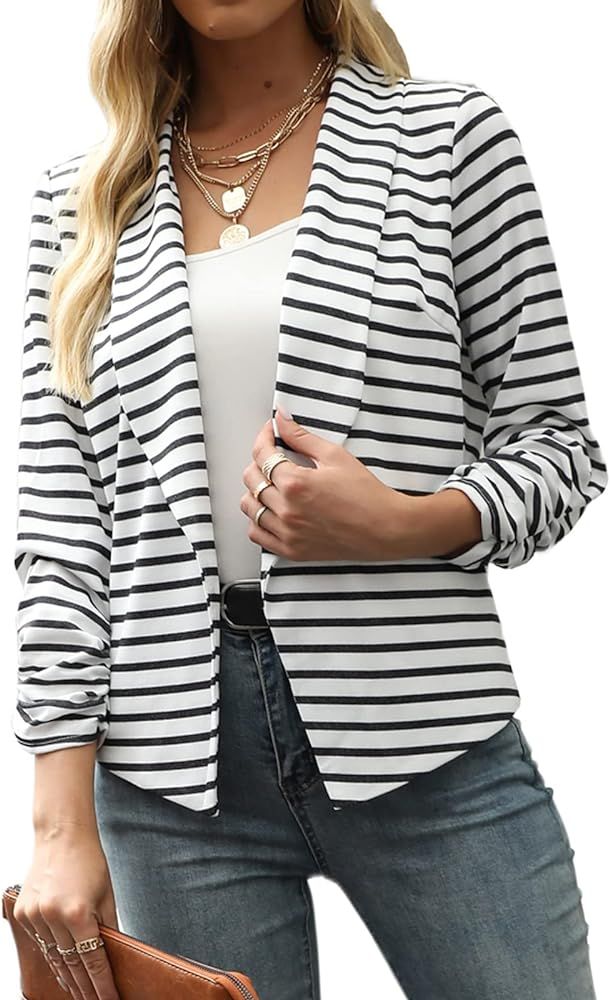 Women 3/4 Sleeve Blazer Open Front Cardigan Jacket Work Office Blazer | Amazon (US)