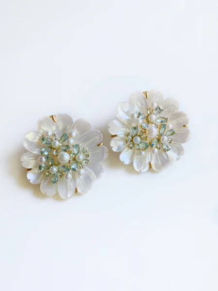 collection earrings: mother of pearl + aquamarine studs | Nicola Bathie Jewelry