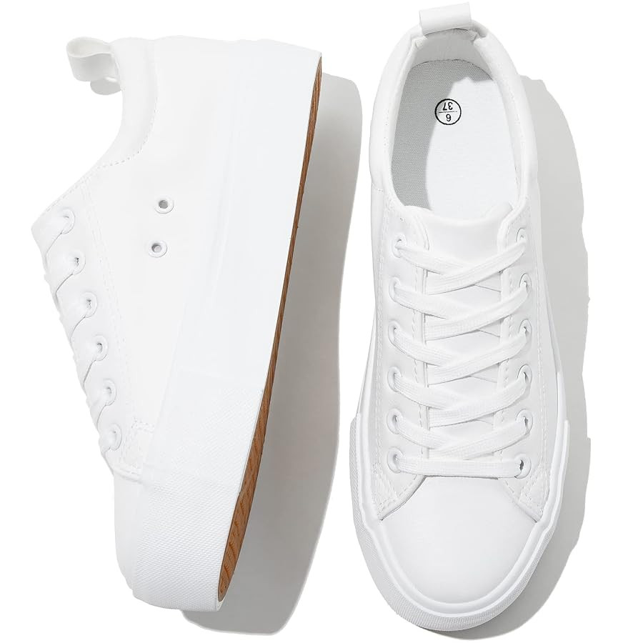 SERNIAL Womens White Platform Sneakers PU Leather Platform Shoes Walking Shoes for Women | Amazon (US)