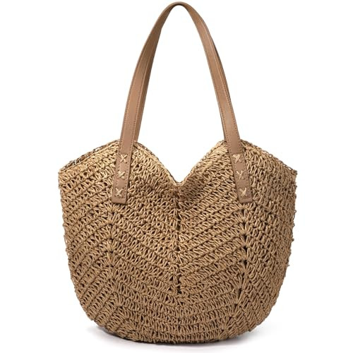 Straw Handbags Purses Crossbody Pocketbook Bag Casual Woven Beach Bags Summer Hobo Hippie Chic Tote Bags with Chain (Tote/Brown) | Amazon (US)