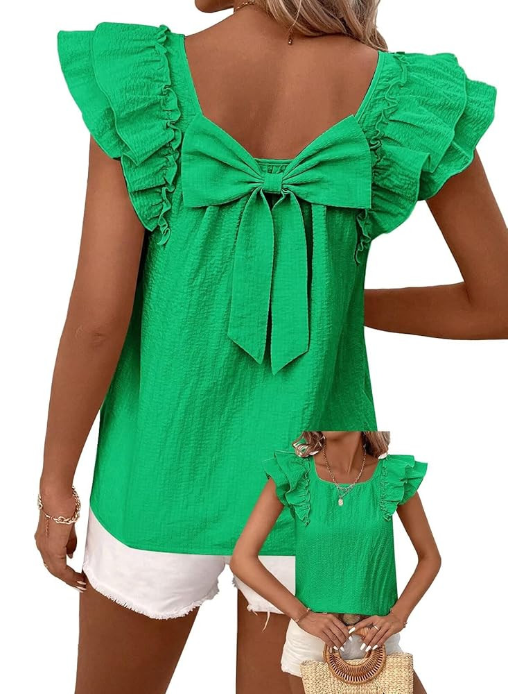 Womens Bow Tie Back Tops Round Neck Ruffle Short Sleeve Shirts Cute Babydoll Chiffon Tee Women Su... | Amazon (US)