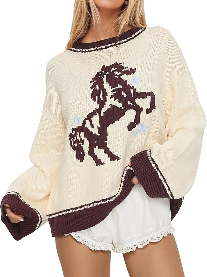 Crew Neck Oversized Sweater for Women Y2k Long Sleeve Sweaters Horse Graphic Knit Pullover Trendy... | Amazon (US)
