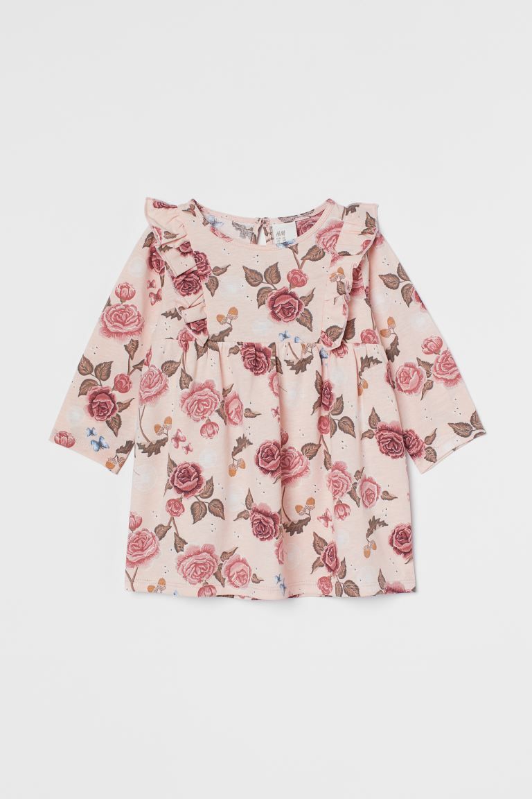 Long-sleeved dress in soft cotton jersey with a printed pattern. Ruffles at front, small opening ... | H&M (US + CA)
