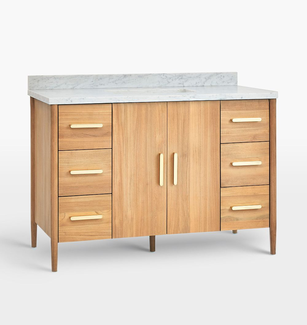 Shaw 48"" Teak Single Vanity, 48"" - Carrara Marble - Bowman 6"" - Aged Brass | Rejuvenation