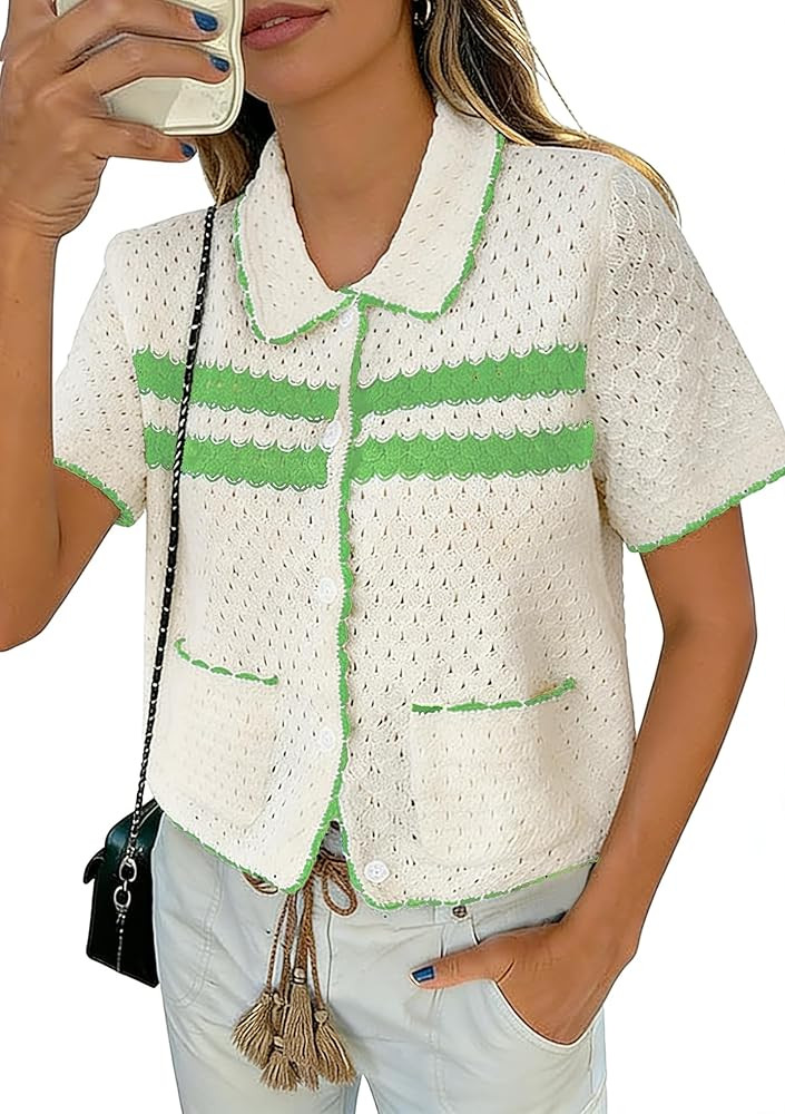 Yousify Womens Casual Summer Short Sleeve Sweaters Button Down Crochet Knit Tops 2026 Loose Cute ... | Amazon (US)