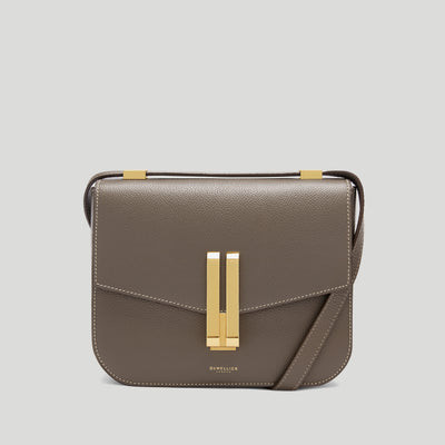 DeMellier The Vancouver in Dark Taupe Small Grain Ecru Stitching Leather Crossbody bag | DeMellier