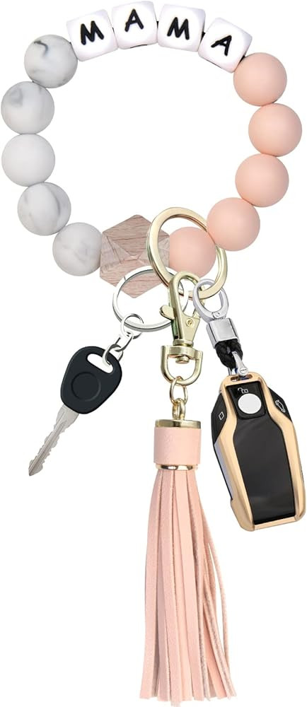 PAKASEBOXES Bracelet Wristlet Keychain, Silicone Beaded Bangle Key Ring with Tassel, Mother's day... | Amazon (US)