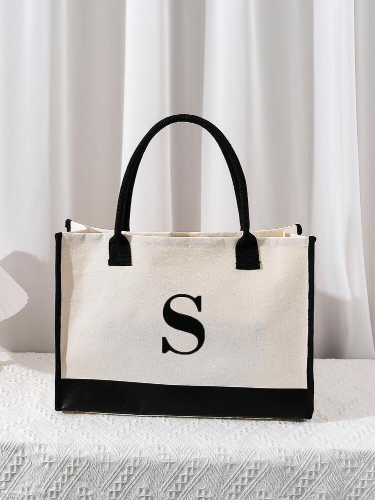 Letter Detail Tote Bag, Women's Simple Canvas Handbag Large Versatile Shopping Bag | SHEIN