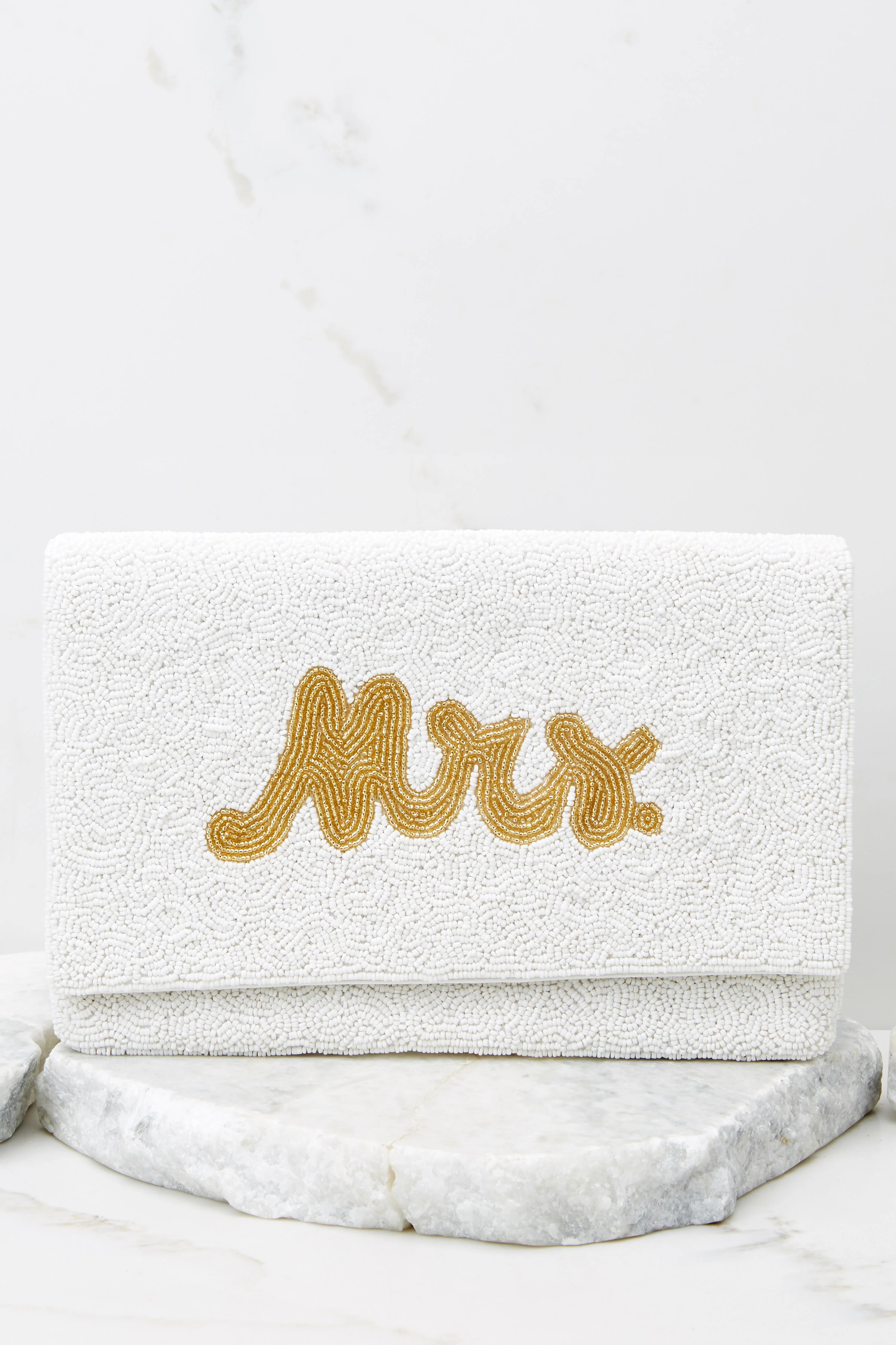 Pop The Champagne White And Gold Beaded Clutch | Red Dress 
