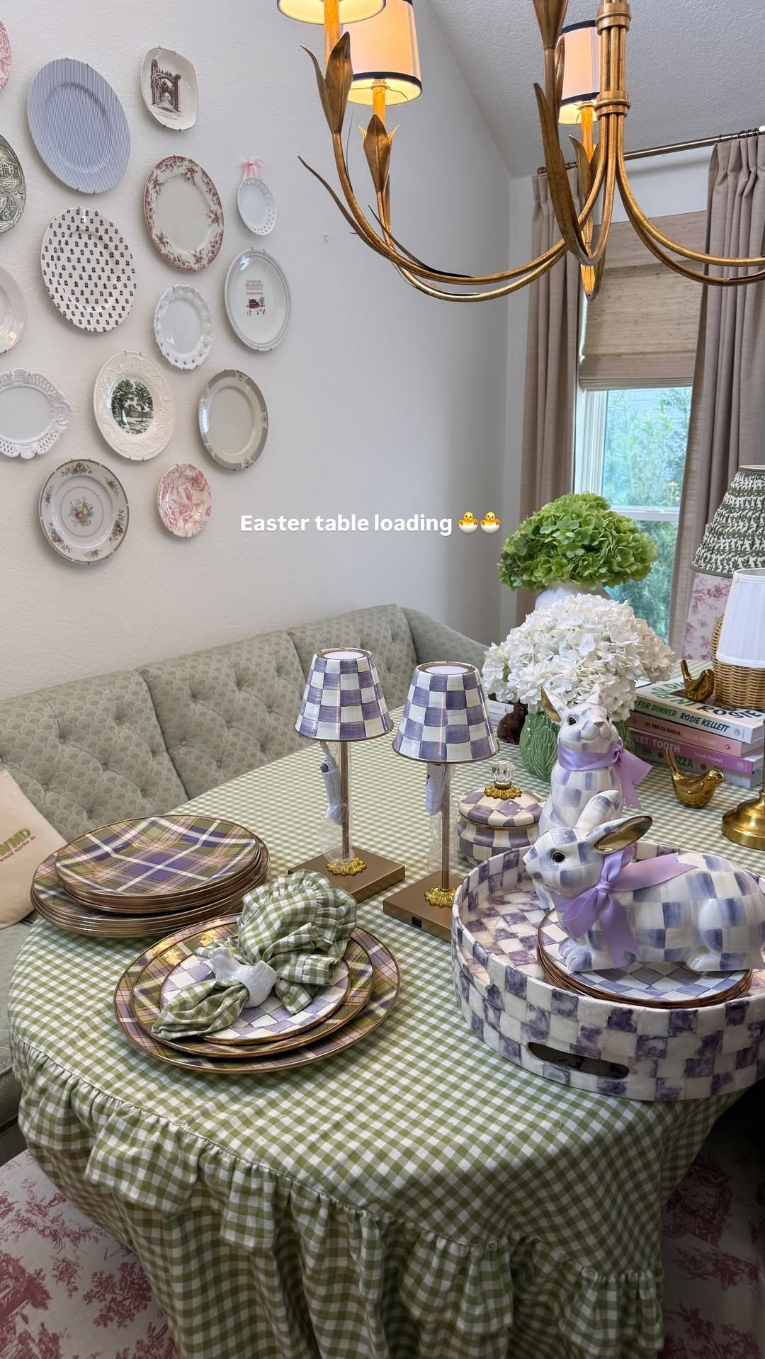Easter table loading 🐣💜 Mixing soft gingham with my favorite violet check pieces for the prettiest spring tablescape. Little bunnies, layered plates, and the sweetest glow from the mini lamps. 

 #LTKSeasonal #LTKHome