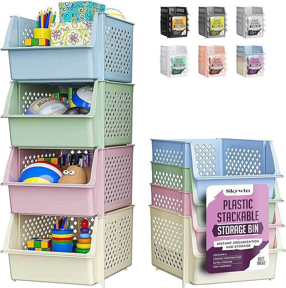 Skywin Plastic Stackable Storage Bins for Pantry - 4-Pack Multi-Colored Stackable Bins For Organi... | Amazon (US)
