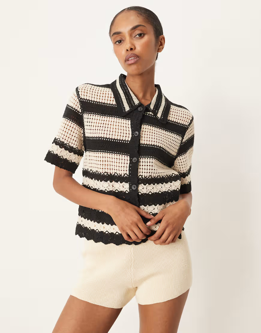 YAS crochet stripe short sleeve cardigan in black and cream | ASOS (Global)