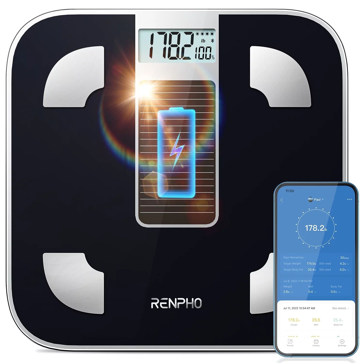 Solar-Powered RENPHO Bluetooth Scale for Weight: Eco-friendly, Smart, Precise! 400lbs, Black | Walmart (US)