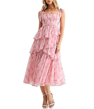 All in Favor Floral Tie Shoulder Tiered Ruffle Midi Dress - S | Dillard's