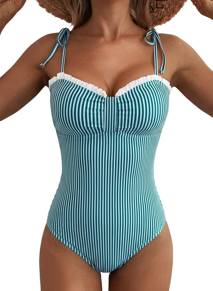 Herseas Women’s Striped One Piece Swimsuits Tie Shoulder High Cut Tummy Control Bathing Suit 20... | Amazon (US)