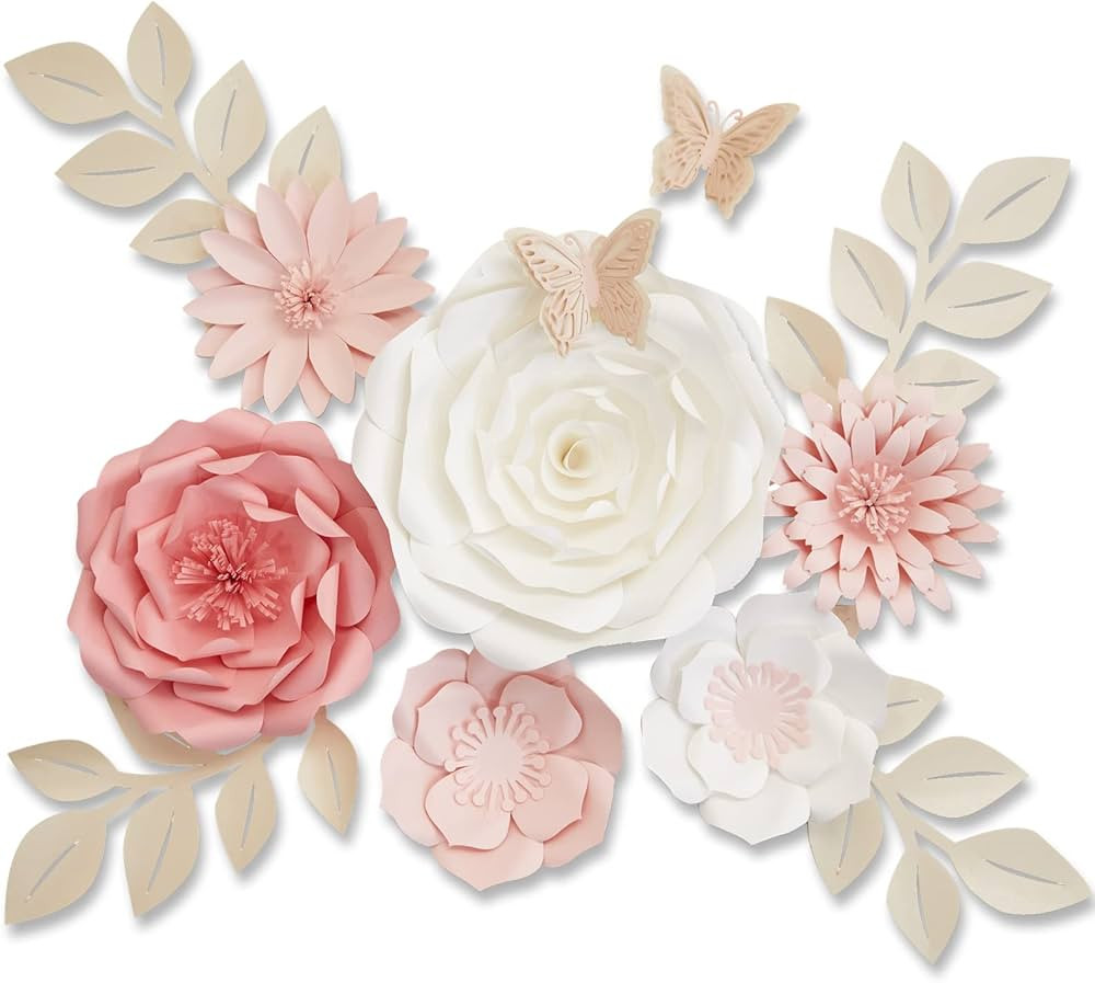3D Paper Flowers Decorations for Wall, Pink Roses Artificial Flowers with Leaves and Butterfly St... | Amazon (US)