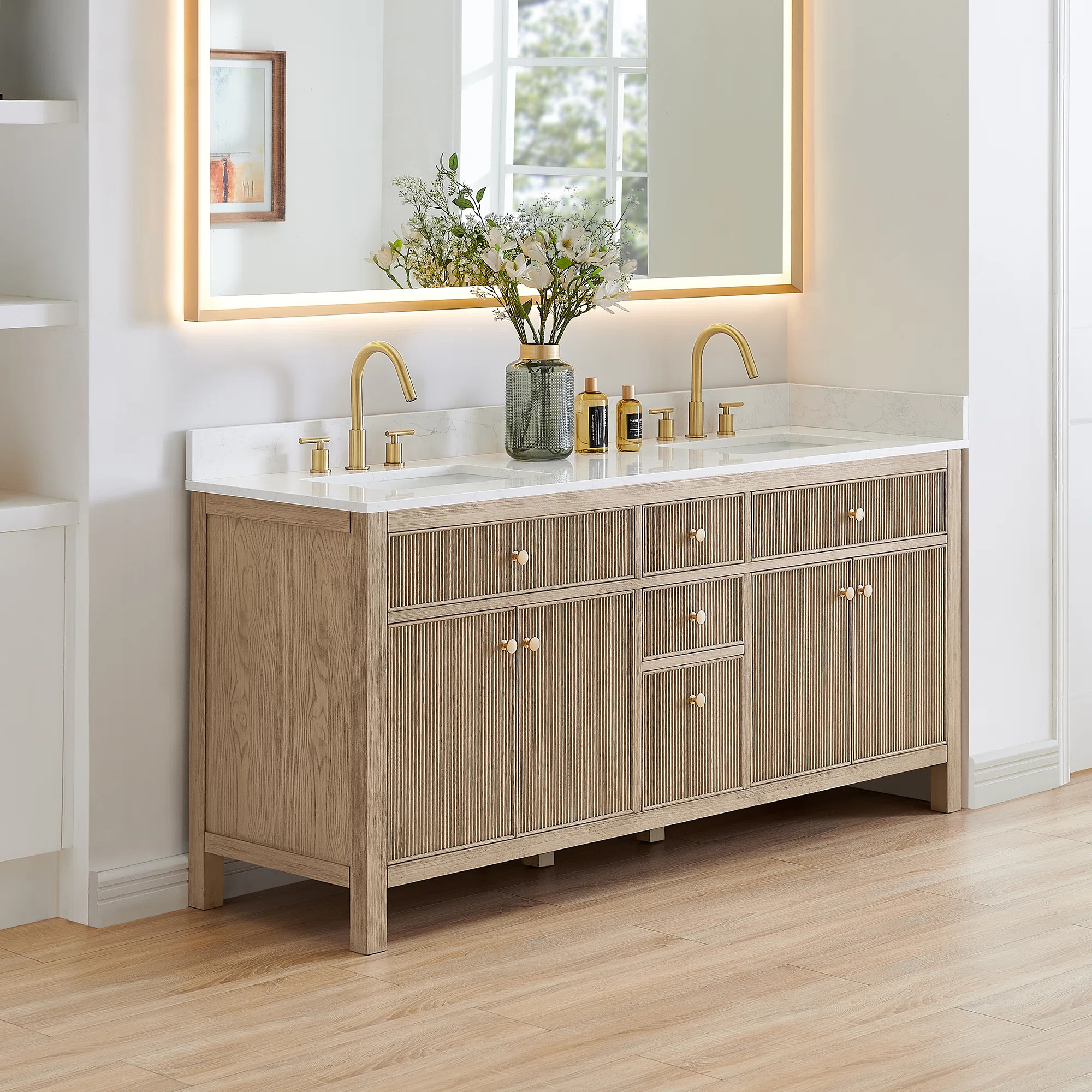 Foundry Select Yailene 72" Double Bathroom Vanity with Grain White Engineered Stone Countertop wi... | Wayfair North America