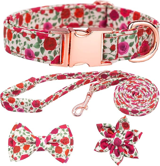 Dog Collar and Leash Set Girls Adjustable Puppy Collars with Floral Bow Tie for Small Medium Larg... | Amazon (US)