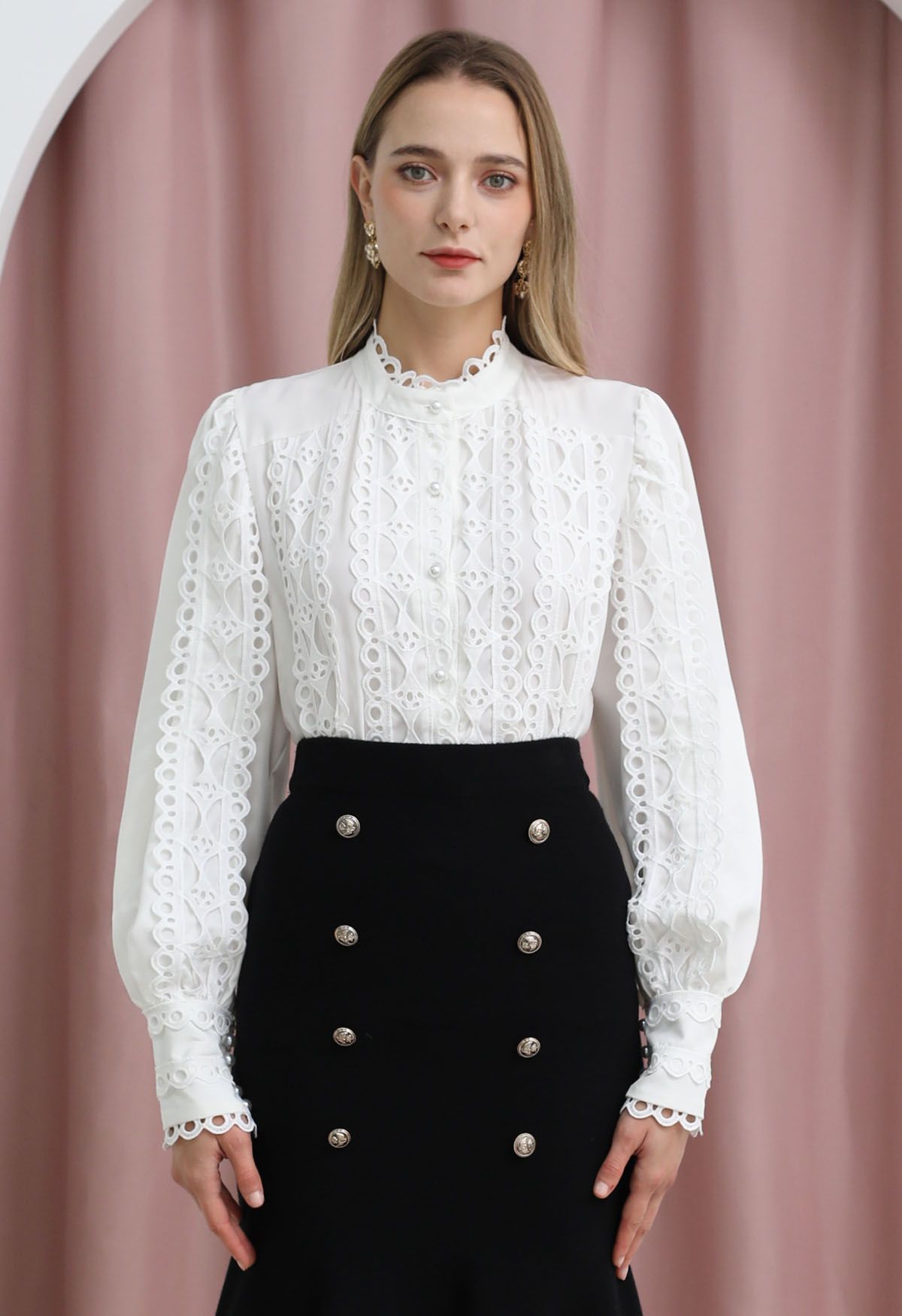 Exquisite Cutwork Bubble Sleeves Button-Up Shirt in White | Chicwish