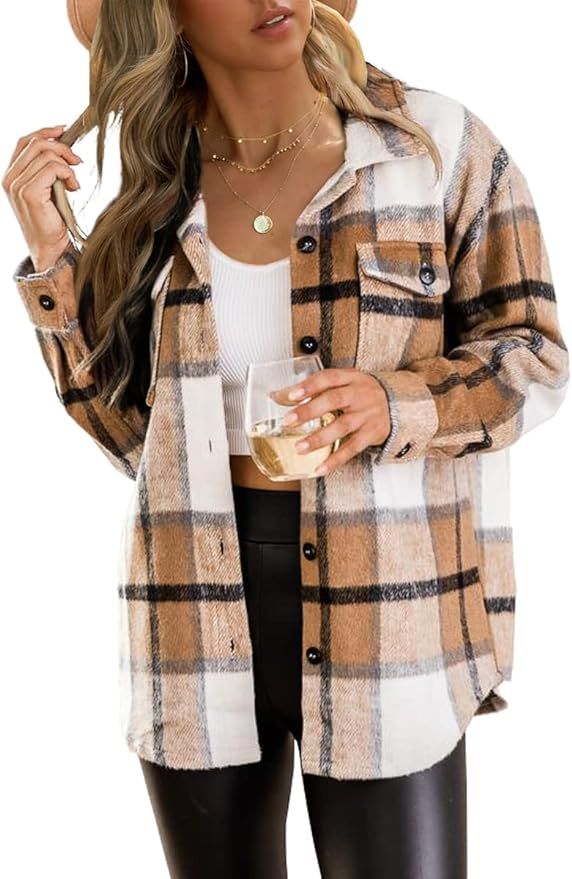 Trendy Queen Womens Flannel Shacket Jacket Casual Plaid Button Down Long Sleeve Shirt Fall Clothe... | Amazon (US)